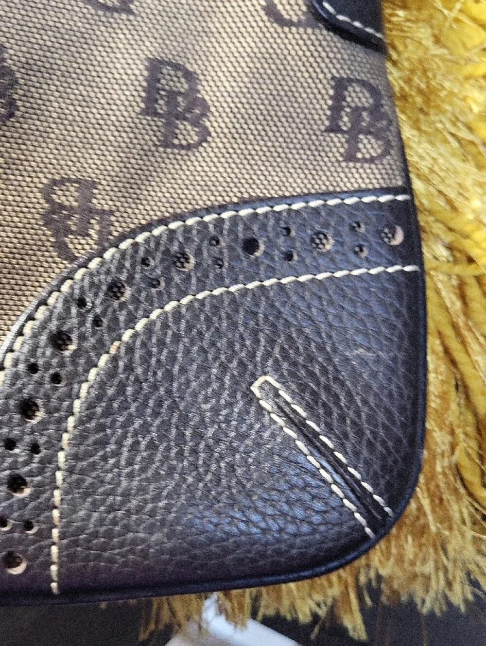 Dooney & Bourke Brown Logo Canvas Shoulder Bag with Dark Leather Trim